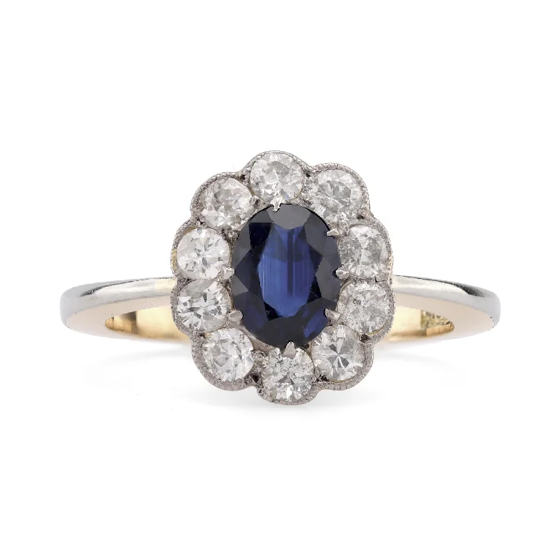 women's trendy layered necklaces -Edwardian Style Sapphire Diamond 18K Yellow Gold Cluster Ring