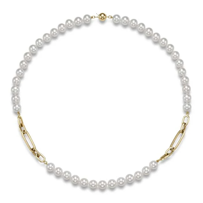 women's silver heart necklaces -Mastoloni 18" 7.5-8mm Pearl and Link "Nesso" Necklace in 14K Yellow Gold