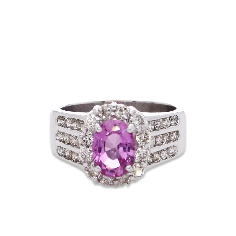 women's fashion rings -Estate Le Vian 18k White Gold Oval Pink Sapphire and Diamond Halo Ring