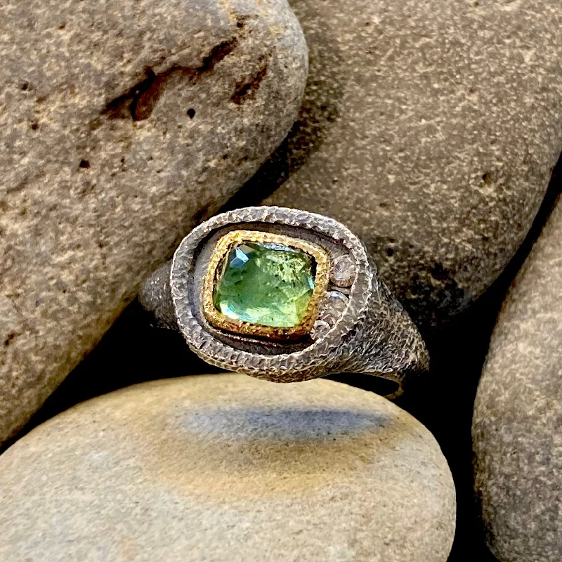 women's celestial rings -One of a Kind Glacier Lake Faceted Green Tourmaline with Diamonds 18K Gold Textured Oxidized Sterling Silver Signet Ring