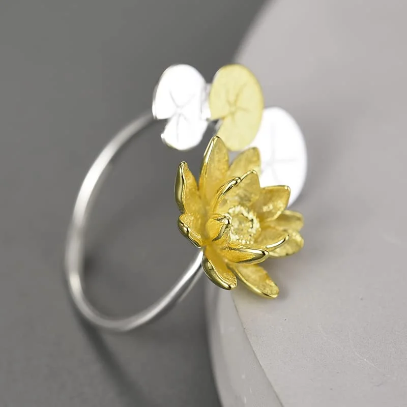 women's gold wedding rings -Lotus with Leaves Ring For Women & Girls