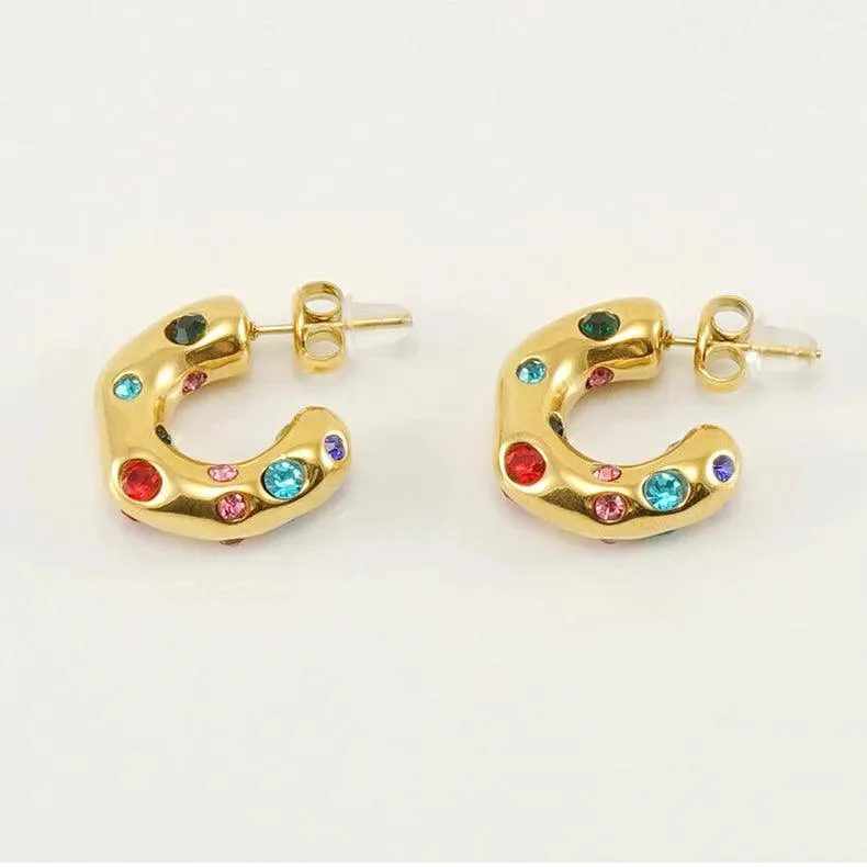 women's art deco earrings -Gold-Plated Stainless Steel Hoop Earrings with Cubic Zirconia Gemstones