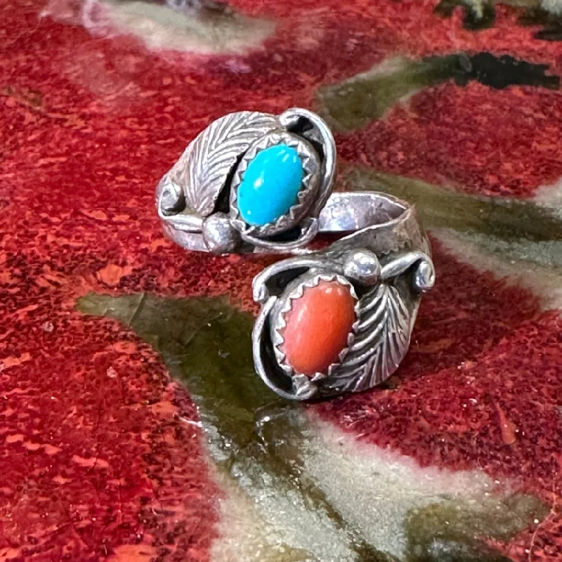 women's men's rings -Vintage Sterling Silver Bypass Ring Two Feathers Tuquoise C0ral