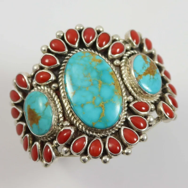 women's trendy gold bracelets -Coral and Turquoise Cuff