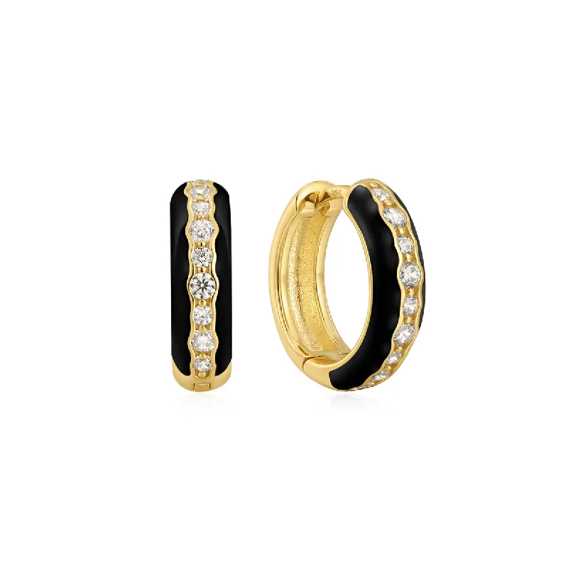 women's black stud earrings -Gold Plated Black Enamel & CZ Channel Hoops