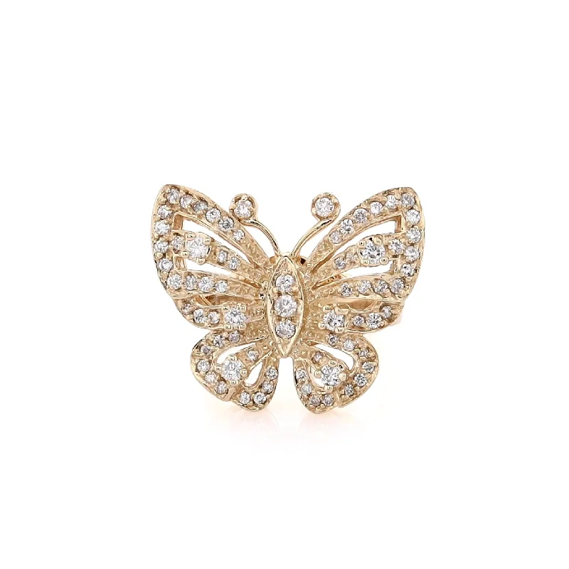 women's luxury gold bands -Estate 14 Karat Yellow Gold Diamond Butterfly Ring