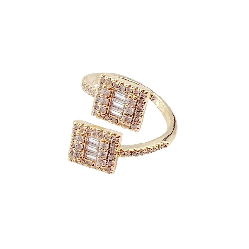 women's silver rings -Square Crystal Double Ring Gold P5