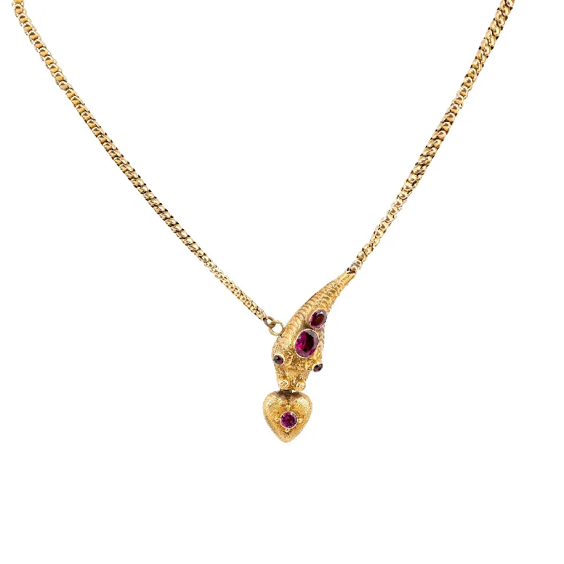 women's round pendant necklaces -Fabulous antique garnet 14k yellow gold snake necklace