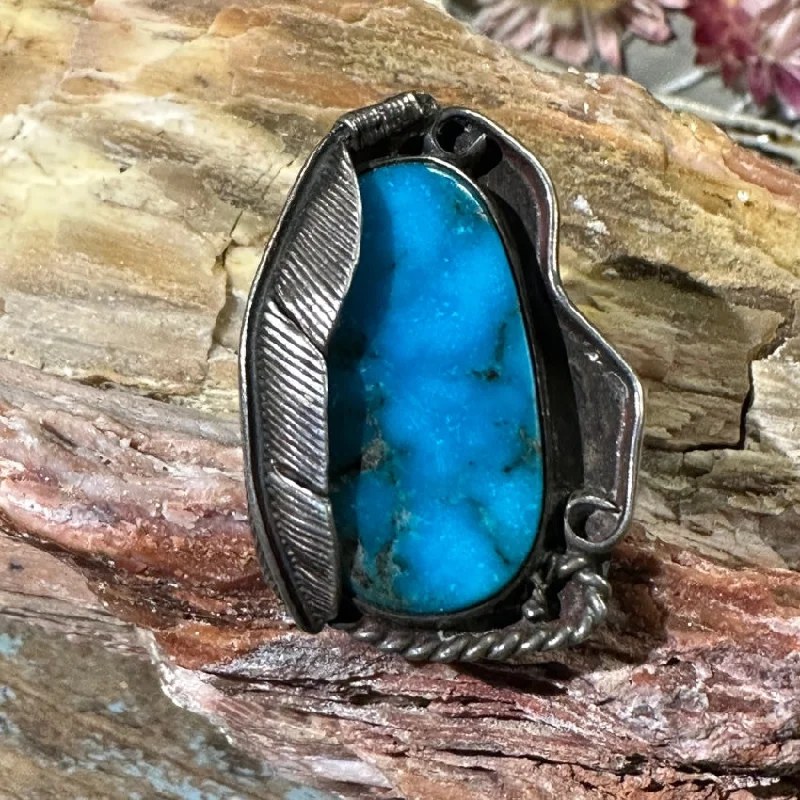 women's colorful gemstone rings -Vintage Navajo Sterling Silver One Feather Ring Deep Blue Turquoise 7