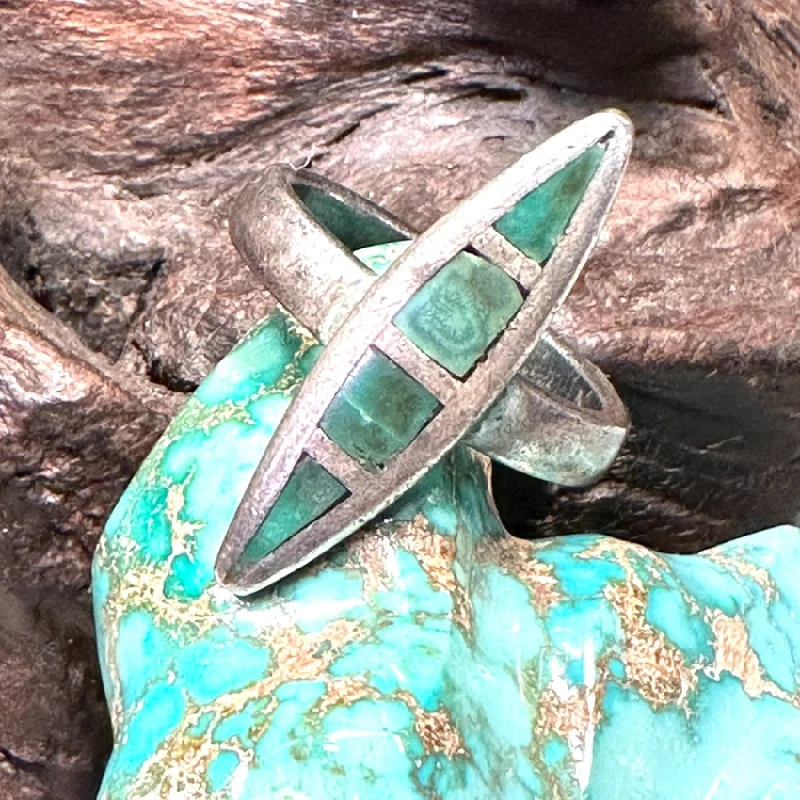 women's gold-plated rings -Old Navajo Sterling Silver Long Ring Turquoise Inlay Size 9