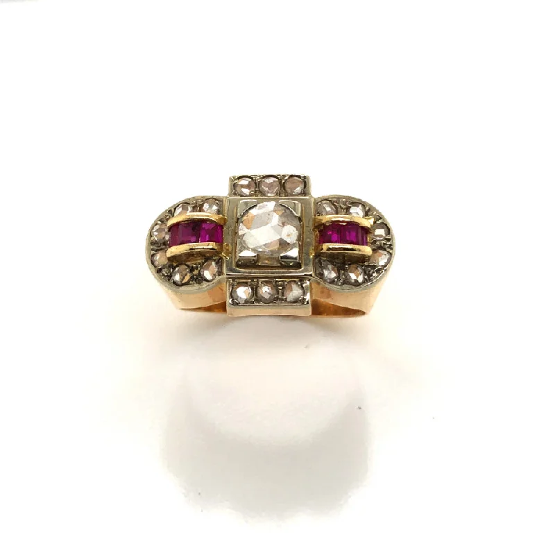 women's statement cocktail rings -Estate Jewelry 18k Yellow Gold Retro Diamond Ruby Ring