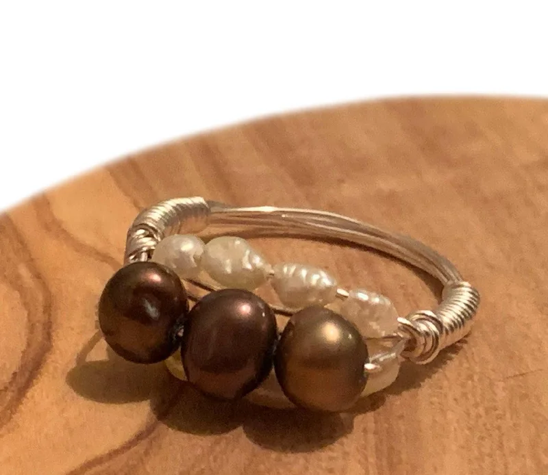 women's minimalist gold rings -Chocolate N Rice Handmade Wire Wrapped Tahitian Chocolate Pearl and Rice Pearl Ring (Size 6)