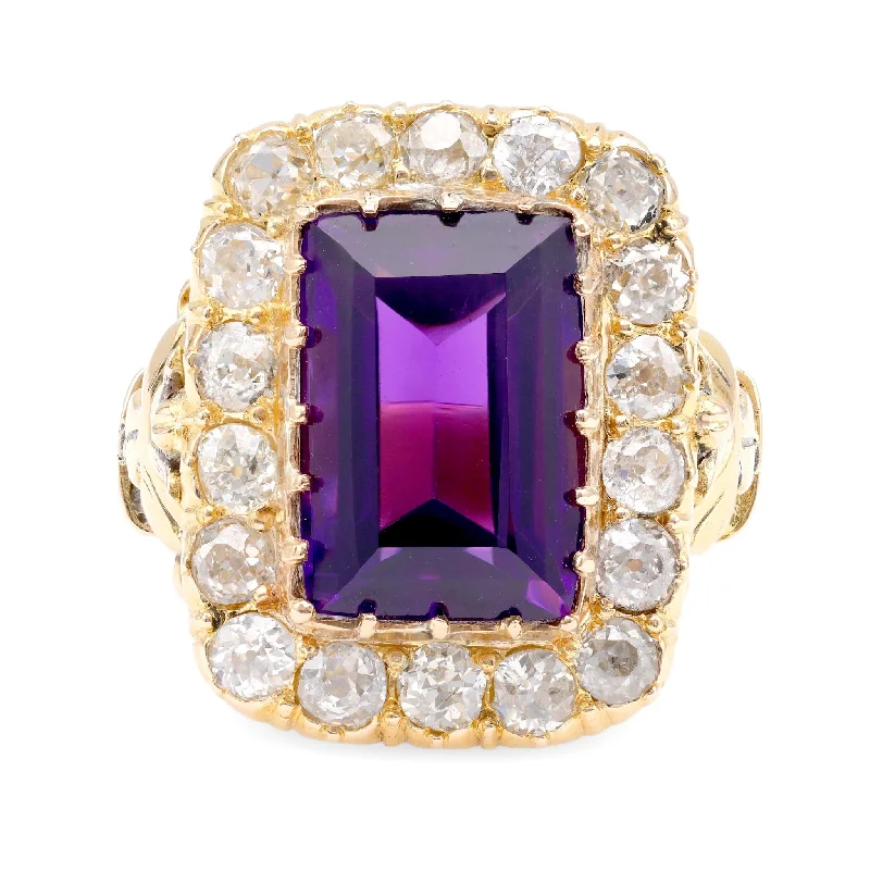 women's gemstone necklaces -Antique 7.5 Carat Emerald Cut Amethyst Diamond 18K Yellow Gold Cocktail Ring