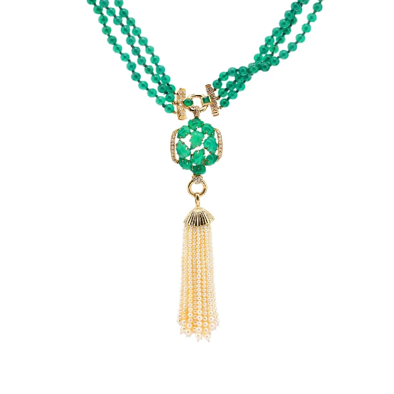 women's crystal necklaces -Cartier French chrysoprase pearl diamond 18k yellow gold necklace