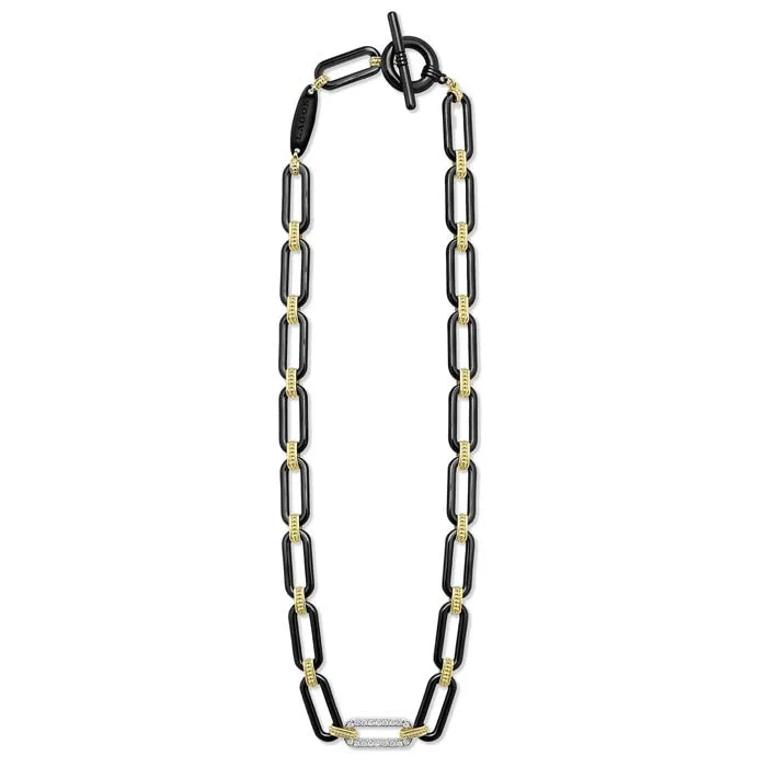 women's heart-shaped pendant necklaces -LAGOS 18" Signature Caviar Black Ceramic Toggle Necklace in 18K Yellow Gold