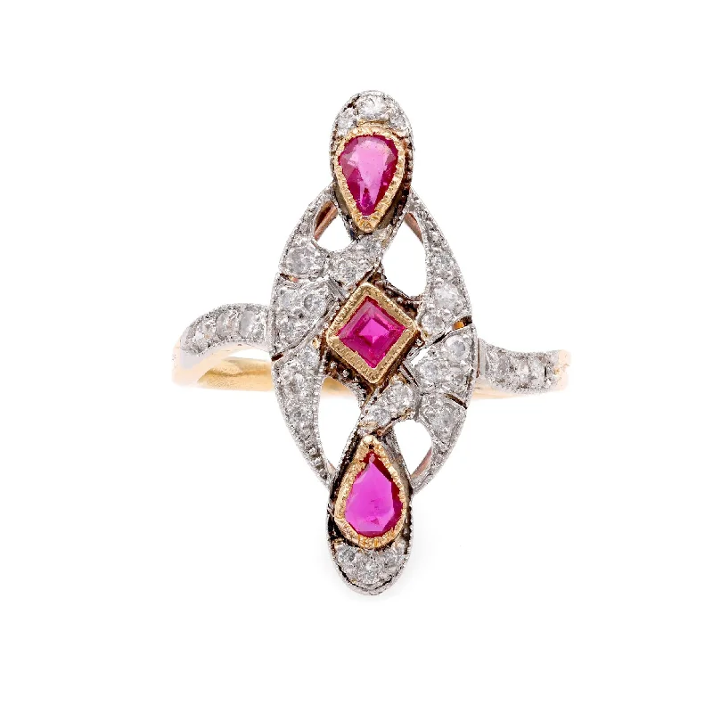 women's gold chain necklaces -French Ruby Diamond Two Tone Navette Ring