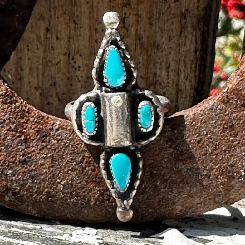 women's wedding anniversary rings -Vintage Navajo Sterling Silver & Turquoise Long Ring Size 6 3/4