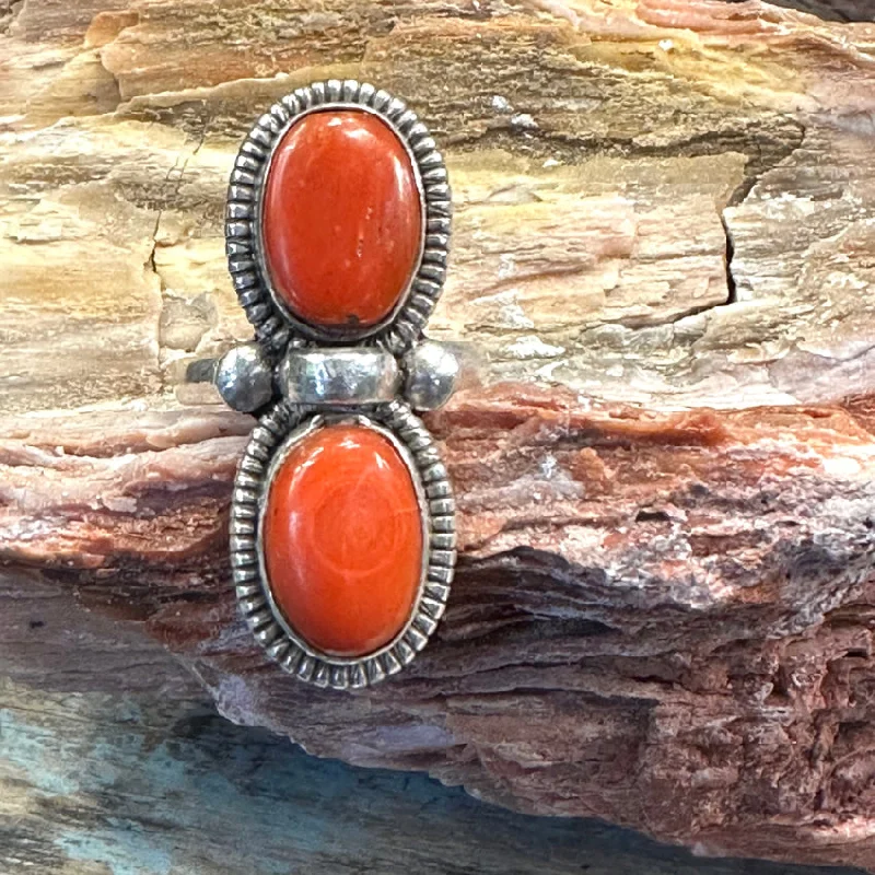 women's custom made rings -Sterling Silver Double Red Coral Stone Ring Size 7.5