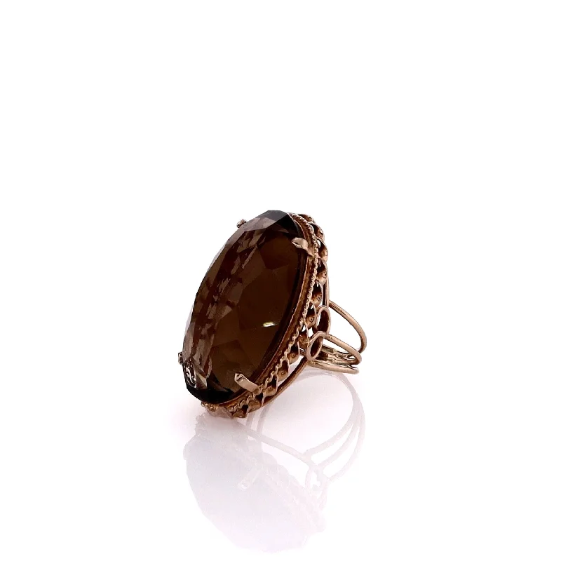 women's ring for gift -Estate 14k Yellow Gold Rope Frame Design Faceted Cabochon Smokey Quartz Ring