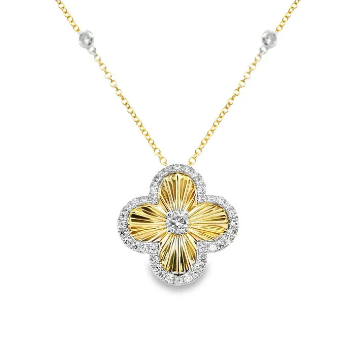 women's luxury statement necklaces -Mountz Collection Diamond-Cut Sunburst Clover Pendant Necklace with Diamonds in 14K Yellow and White Gold