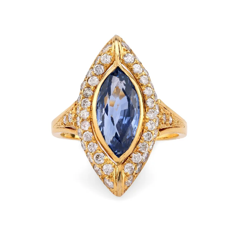 women's beach-themed necklaces -Vintage GIA 2.82 Carat Sapphire Diamond 18K Yellow Gold Navette Ring