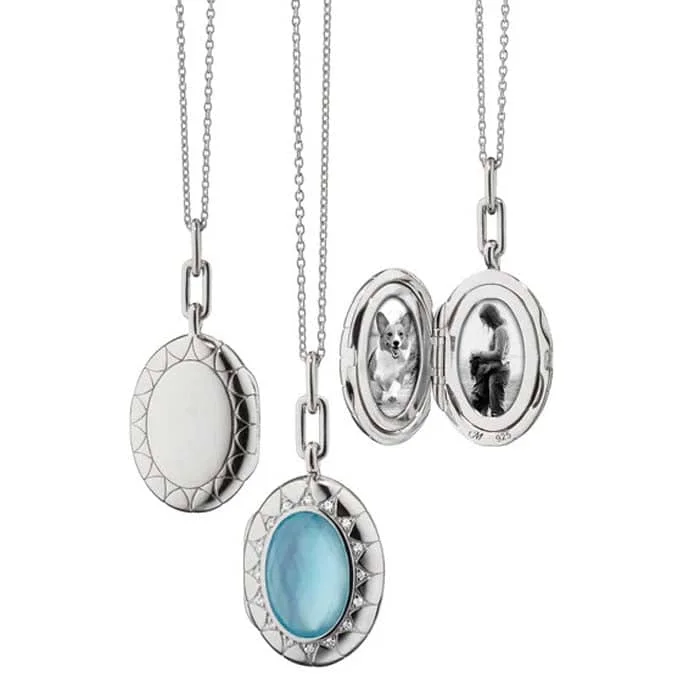 women's gold necklaces -Monica Rich Kosann Blue Topaz and White Sapphire Oval Locket Necklace in Sterling Silver