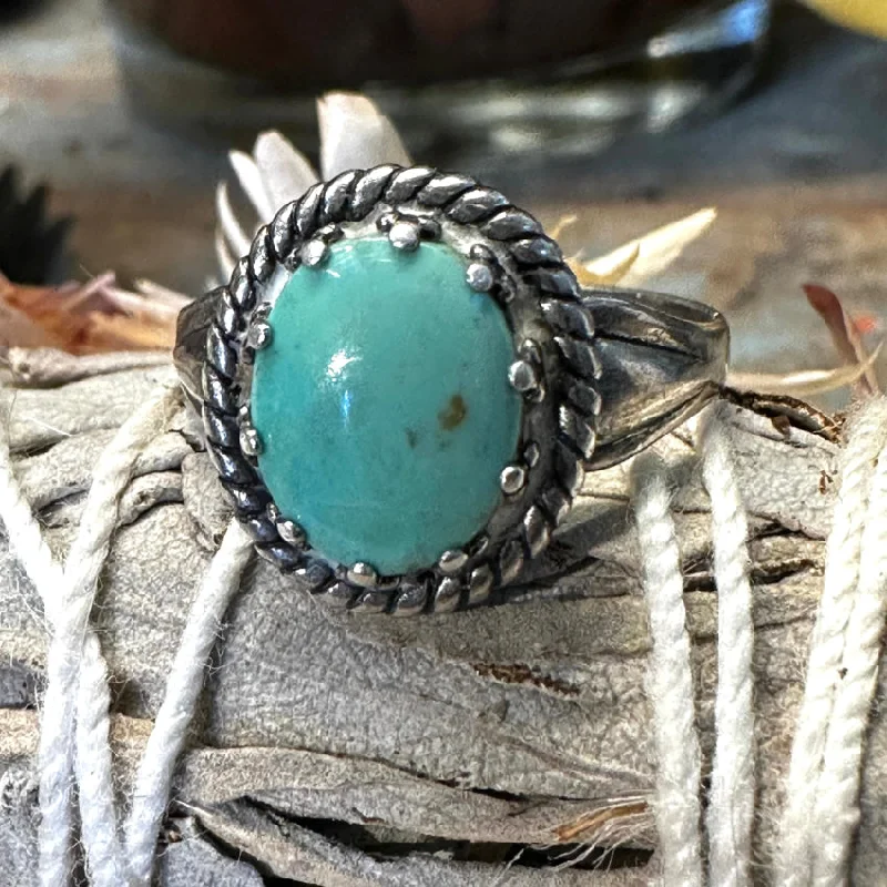 women's vintage rings -Sterling Silver & Turquoise Trading Post Ring Fred Harvey Era 9