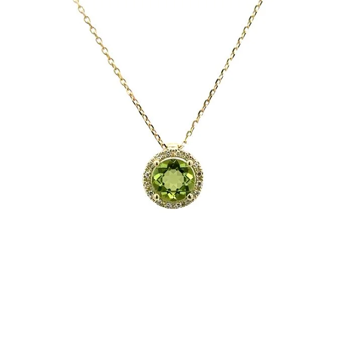 women's pendant necklaces -Mountz Collection Peridot with Diamond Halo Pendant Necklace in 14K Yellow Gold