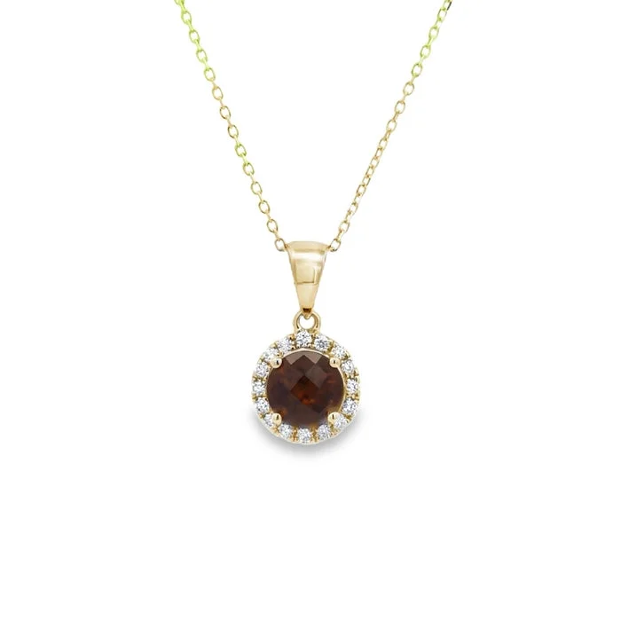 women's geometric necklaces -Mountz Collection Garnet and Diamond Halo Pendant Necklace in 14K Yellow Gold