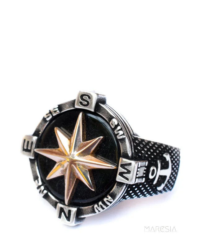 women's anniversary rings -Compass Men's Ring ~ Sterling Silver 925 ~