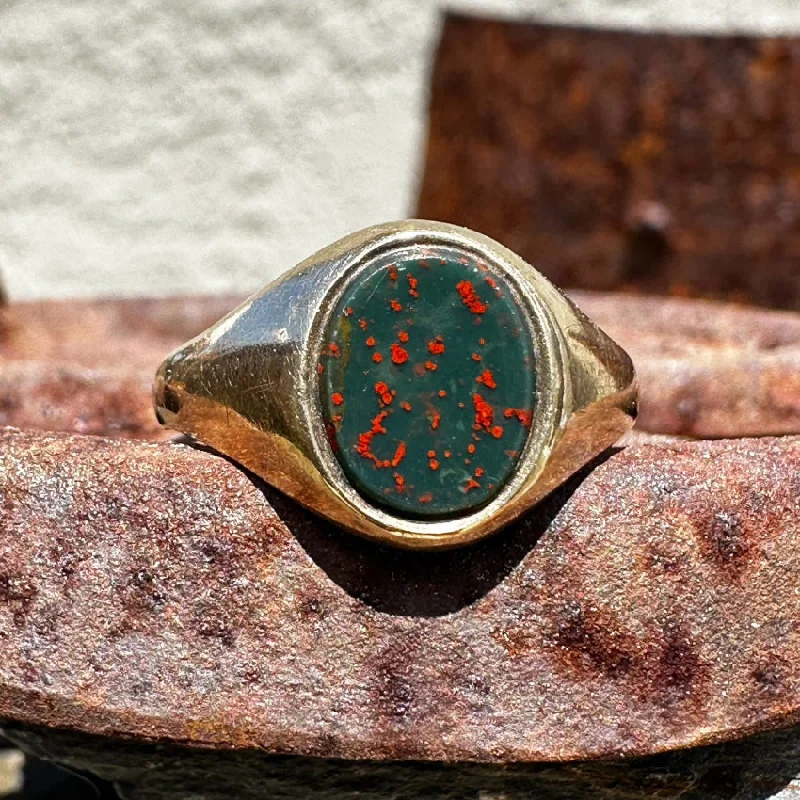 women's custom wedding rings -Antique Solid 9k Yellow Gold Bloodstone Signet Ring Size 6.5