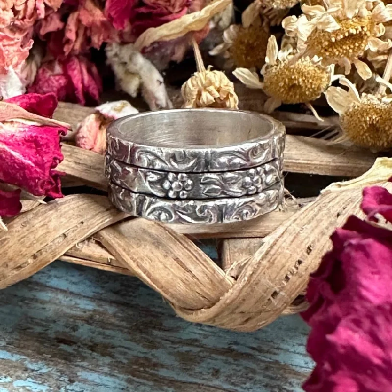 women's luxury gemstone rings -Sterling Silver Floral Wide Band Spinner Ring 5