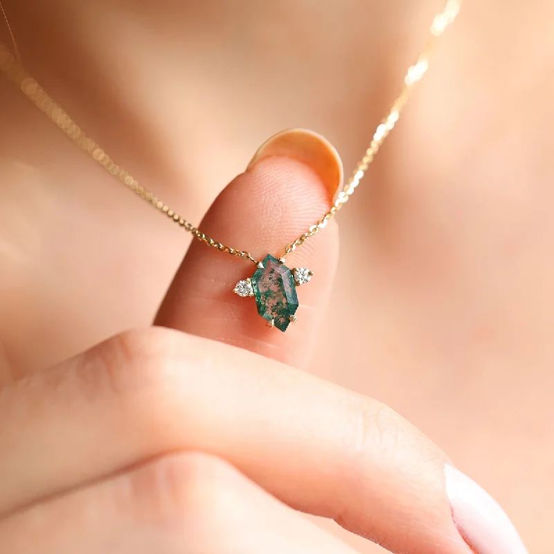 women's everyday necklaces -Hayley Hexagon Moss Agate Necklace With Diamonds