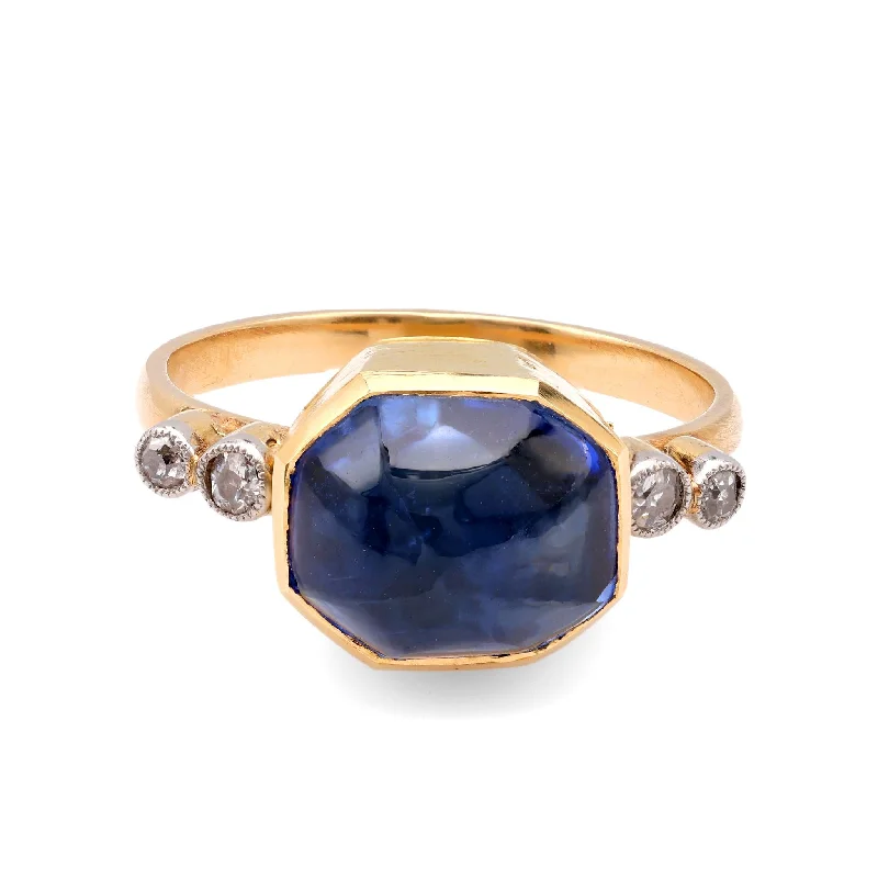 women's classic necklaces -Renaissance Revival GIA Sapphire Diamond 18K Yellow Gold Ring