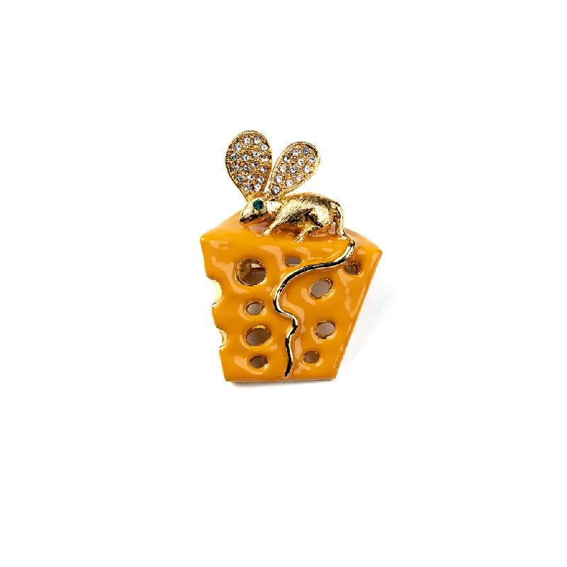 women's unique rings for her -Orange Enamel Cheese Pin featuring Gold Mouse with Crystal Ears