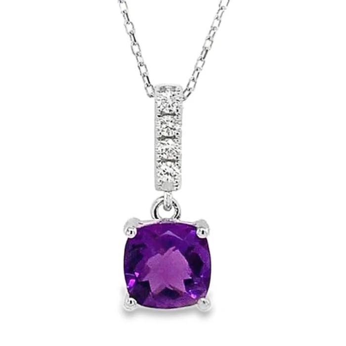 women's silver chain necklaces -Mountz Collection Cushion Amethyst and Diamond Pendant Necklace in 14K White Gold