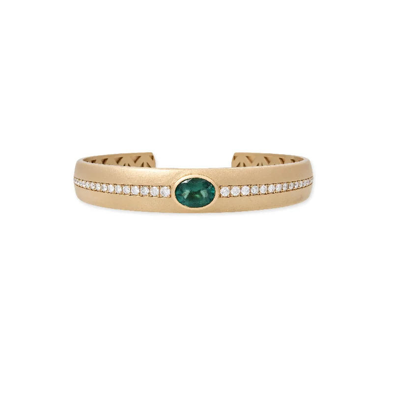 women's anniversary bangles -OVAL GREEN TOURMALINE CENTER + GRADUATED PAVE CUFF