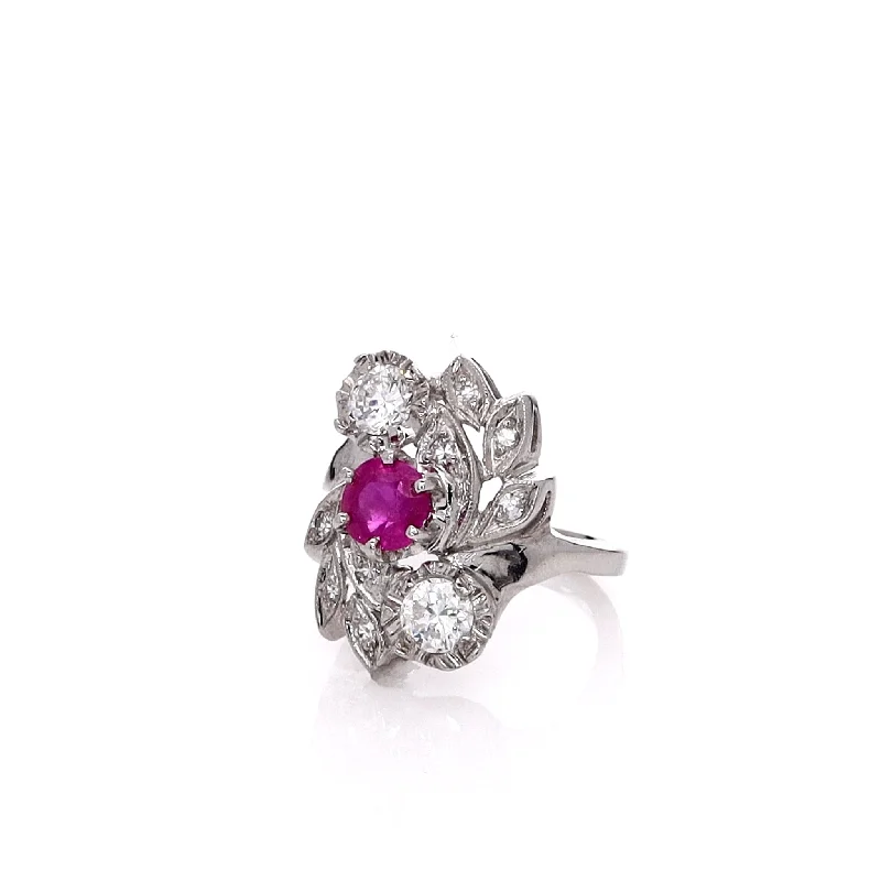 women's bridal set rings -Estate 14 Karat White Gold Ruby & Diamond Cocktail Ring