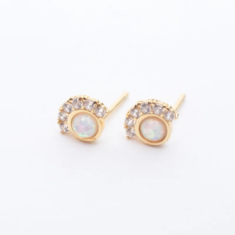 women's rose gold earrings -Gold Vermeil Sunshine Bezel White Opal Studs