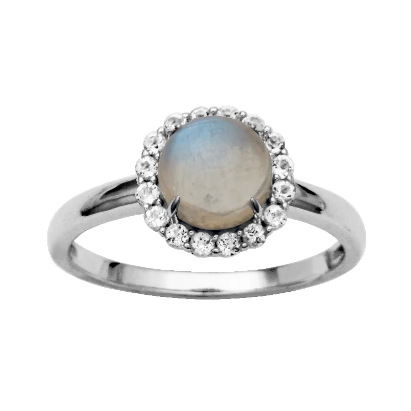 women's moon and star rings -Sterling Silver Blue Rainbow Moonstone and White Topaz Ring