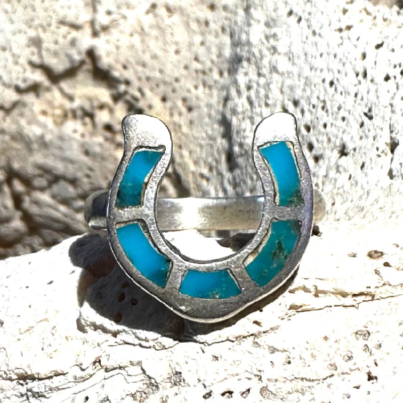 women's two-tone rings -Old Navajo Sterling Silver & Turquoise Inlay Horseshoe Ring Size 5.75