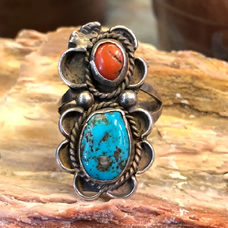 women's elegant engagement rings -Vintage Navajo Sterling Silver Turquoise Red Coral Ring Size 9.75