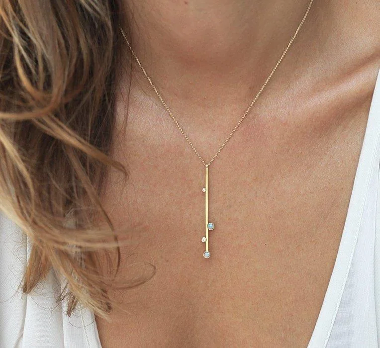 women's minimalist necklaces -Australian Opal And White Diamond Bar Necklace