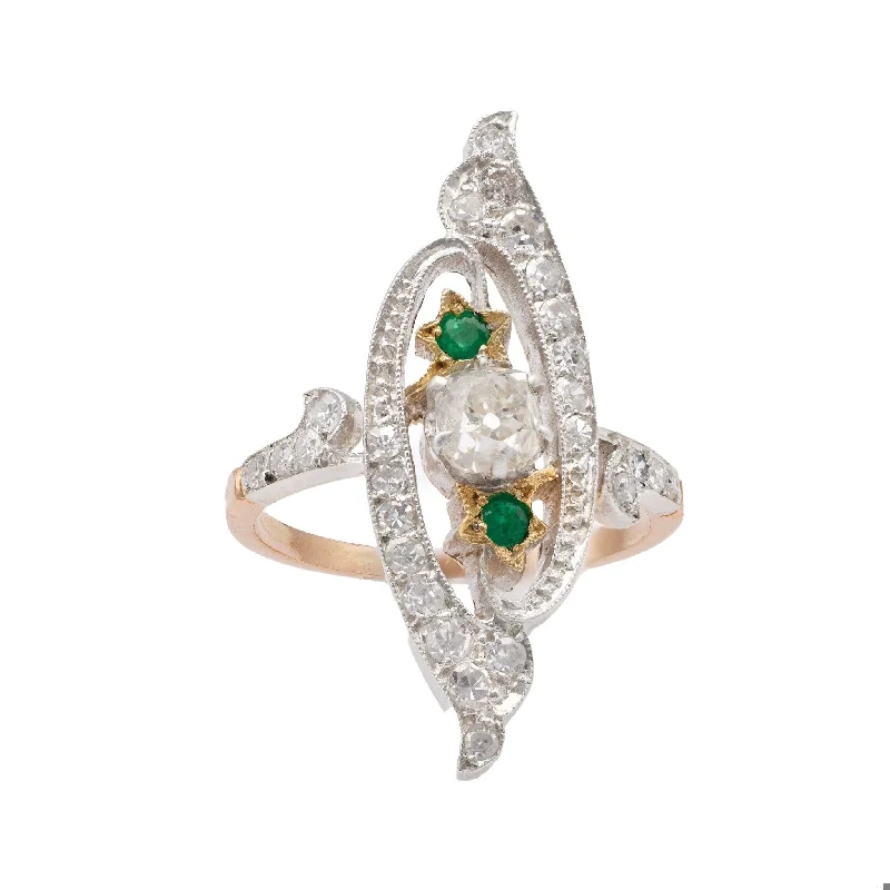 women's everyday necklaces -Antique Diamond and Emerald 18k Rose Gold Silver Navette Ring