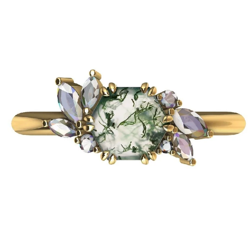 women's trendy layered necklaces -Addison Hexagon Moss Agate Ring with Diamond Clusters