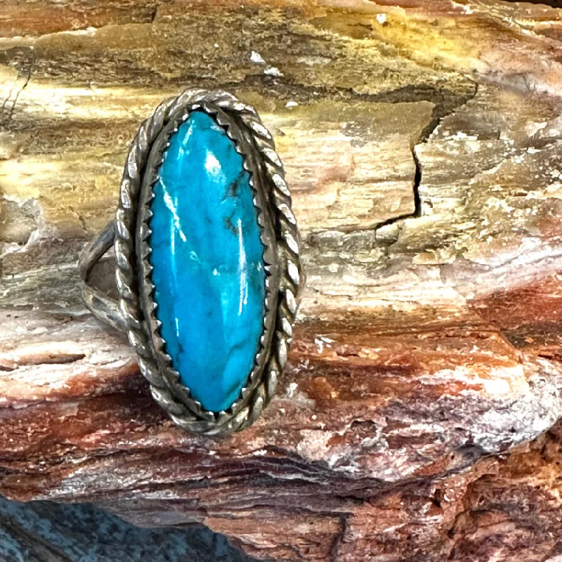 women's sparkling diamond rings -Vintage Navajo Sterling Silver & Turquoise Long Ring Size 7