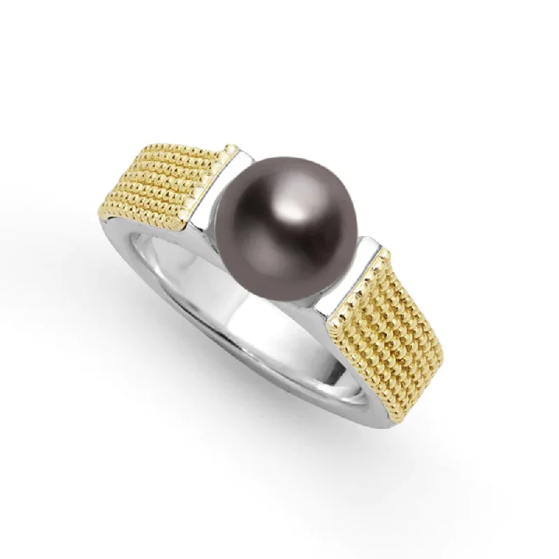 women's wedding rings for her -Lagos Luna Two-Tone Tahitian Black Pearl Ring