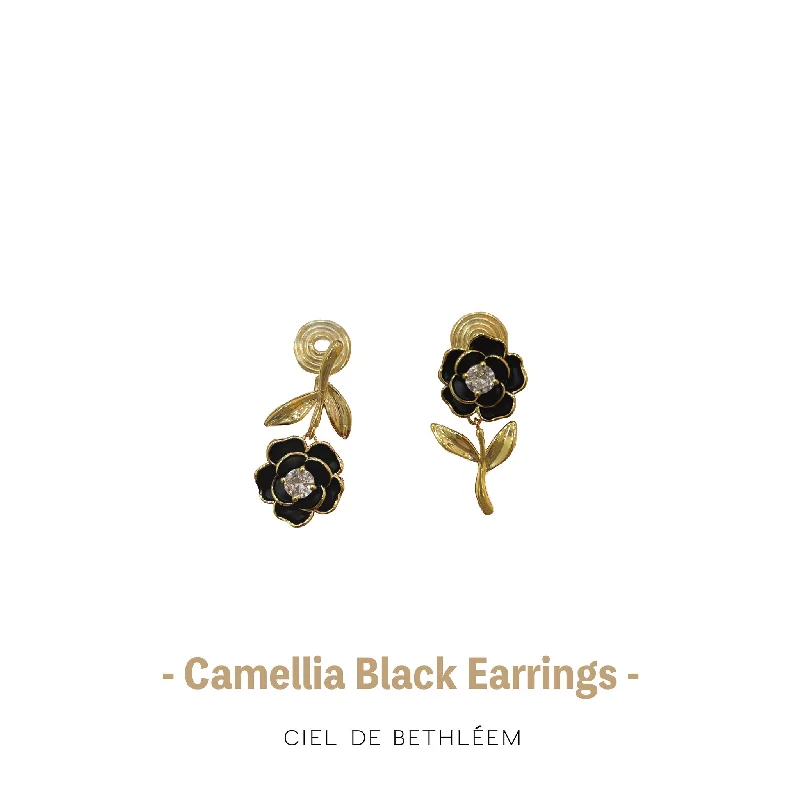 women's matching earrings -Camellia Black Earrings