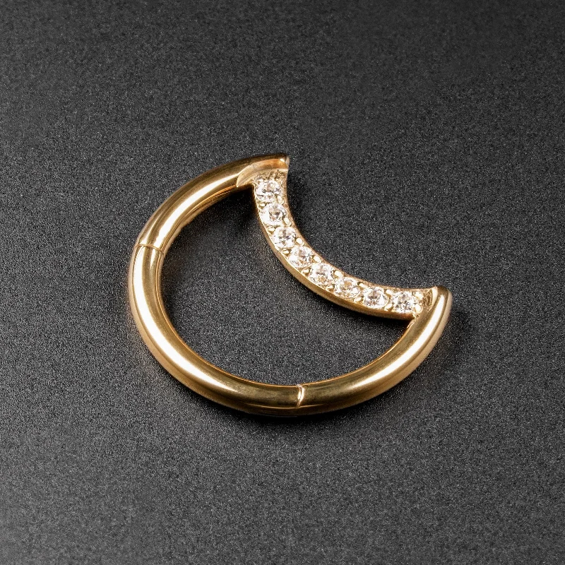 women's long dangling earrings -Crescent Bejewelled Gold PVD Titanium Hinged Segment Daith Earring