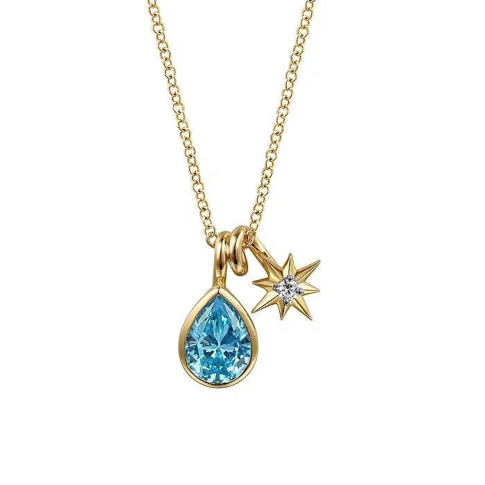 women's crystal necklaces -Gabriel & Co. Lasso Blue Topaz and Diamond Pendant Necklace in 14K Yellow Gold